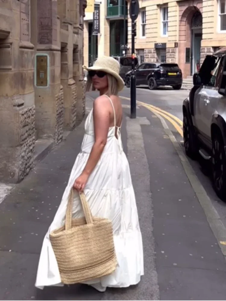 qgtao  -  Summer Women Sexy Sleeveless Backless Pleated Hem Maxi Dress Female Elegant Solid Single-breasted Strap Dresses Lady Partywear