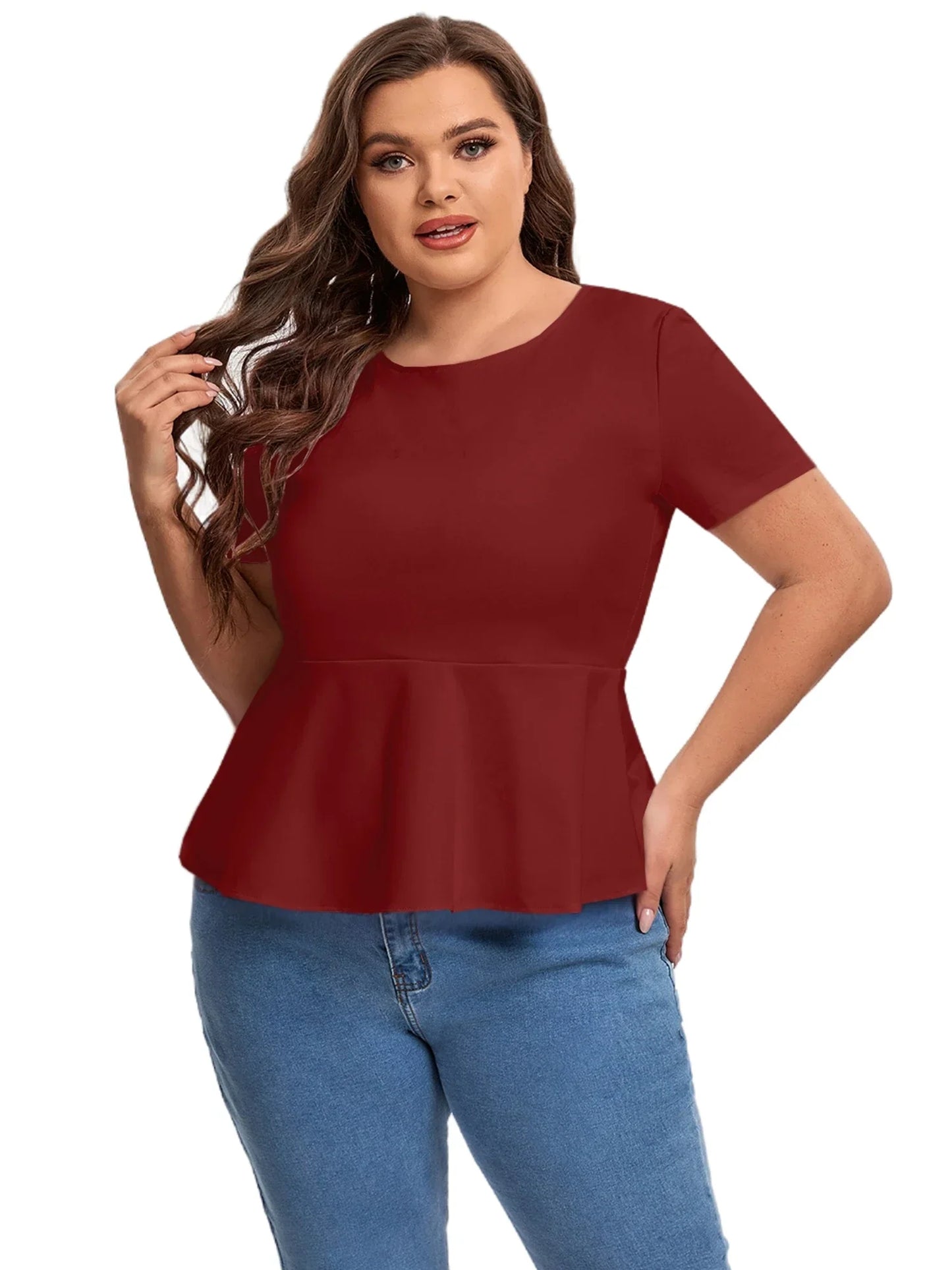 qgtao Plus Size Short Sleeve Elegant Summer Peplum Tops Women Keyhole Back Ruffle T-shirt Tee Blouse Plus Size Clothing Women 7XL 8XL