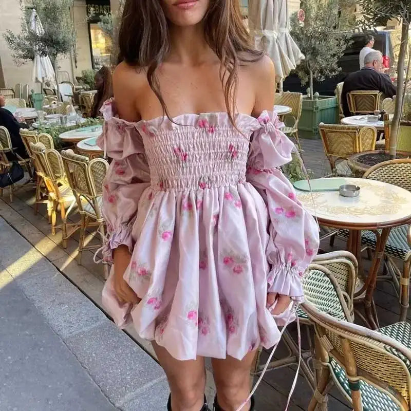 qgtao Boho Inspired satin Smocked Puff Sleeve Bubble Mini Dress floral print party girl dress 2024 summer dressse sexy women dress