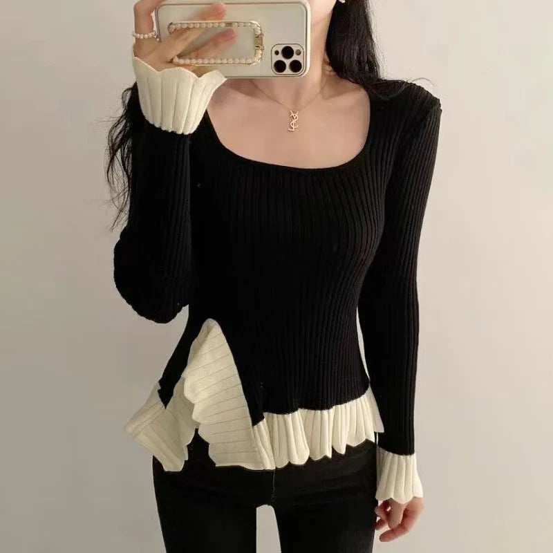 Tossy Ruffled Patchwork Vintage Pullover Sweater For Women Ribbed Contrast Elegant Long Sleeve Loose Knit Female Pullover 2024