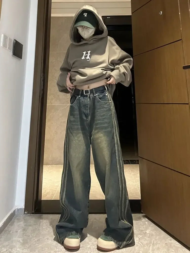 qgtao Y2K Vintage High Waist Streetwear Style Blue Jeans Pants Korean Fashion Women's Wide Leg Striped Denim Trouser Female Clothes