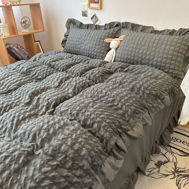 Yeknu Euro Solid Color Ruffle Bedding Sets Girl Couple Fluffy Queen Duvet Cover With Bed Skirt Pillowcase Bedroom Comfort 4 Pieces Set