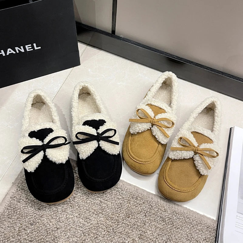 qgtao Bow Fur Women Cotton Shoes Flats Loafers Warm Snow Boots 2024 New Winter Casual Suede Shoes Fashion Short Plush Zapatillas Mujer