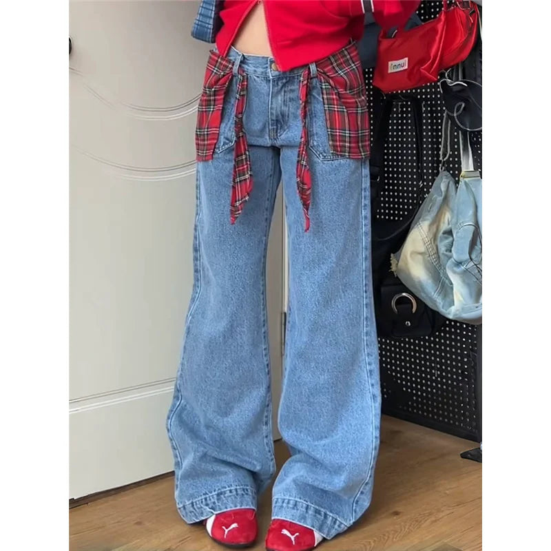 qgtao - Autumn Womens Blue Jeans High Waist Baggy Casual Vintage Y2K Design Sense Straight Pants Street American Wide Leg Denim Trouser