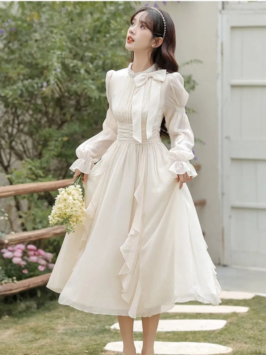 qgtao Autumn Chiffon Midi Dresses for Women O-neck Bow Flare Sleeve High Waist Ruffles A-line Princess Party Dress Vestidos Mujer New