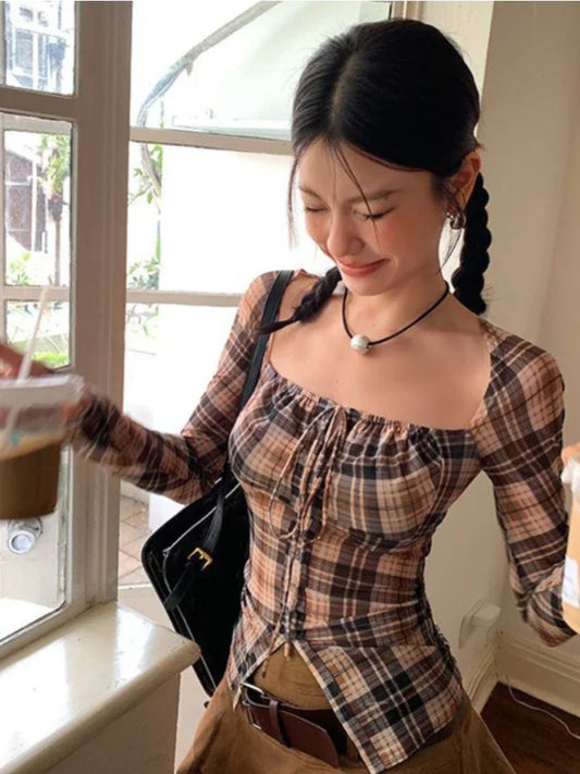 qgtao Y2K Vintage Plaid Blouse Women Harajuku Square Collar Cropped Shirts Korean Sexy Slim Sunscreen Corset Tops Spicy Girls