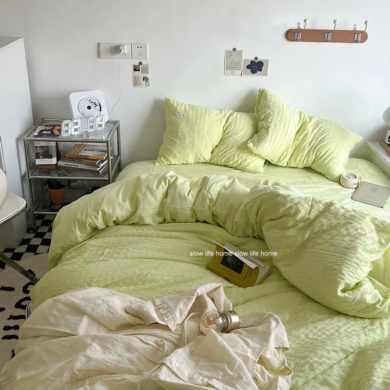 Yeknu Bedding Set Luxury High Grade Light  Washable Cotton Waffle Four Piece  Olive Green Quilt Cover Bed Sheet Dormitory Three Piece