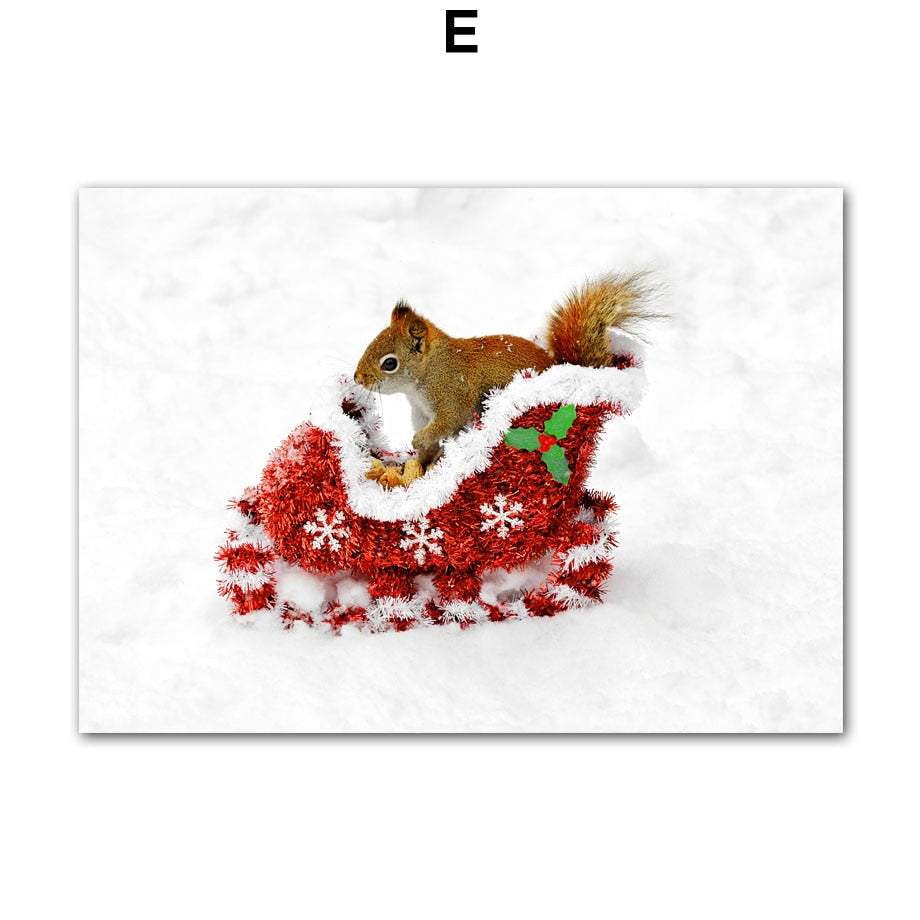 Christmas Red House Squirrel Deer Pine Tree Wall Art Canvas Painting Living Room Decoration Posters Prints Home Wall Pictures