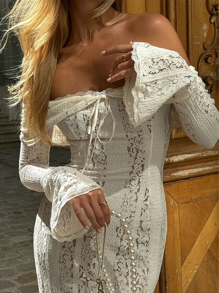 qgtao White Off Shoulder See-through Lace Up Maxi Dress Women Flared Long Sleeves Chest Wrapped Dresses Summer Elegant Seaside Gowns