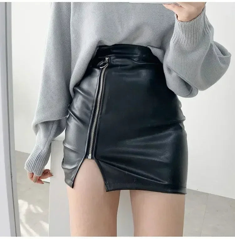 qgtao Black Mini Sexy Skirt Sexy High Waist Package Hip Pencil Skirt Women Korean Fashion Pu Faux Leather Split Zipper Short Skirts