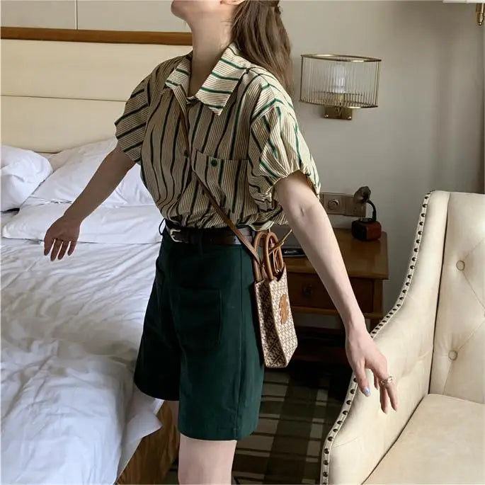 qgtao 2024 Summer Short Sleeve Slim Green Striped Shirt Sets Women Korean Style t Shorts Suits New In Clothing Tops