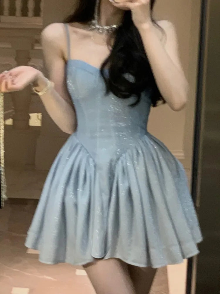 qgtao Elegant Party Short Dresses for Women 2023 New Summer Vintage Spaghetti Strap Casual Female Clothes Wedding Birthday Midi Dress