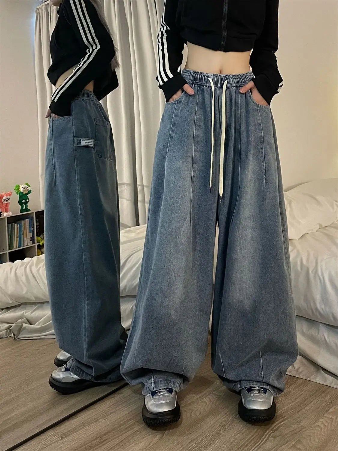qgtao Women Vintage Baggy Jeans Y2K Elastic High Waist Oversize Street wear Trouser Denim Wide Leg Straight Basic Pants Spring