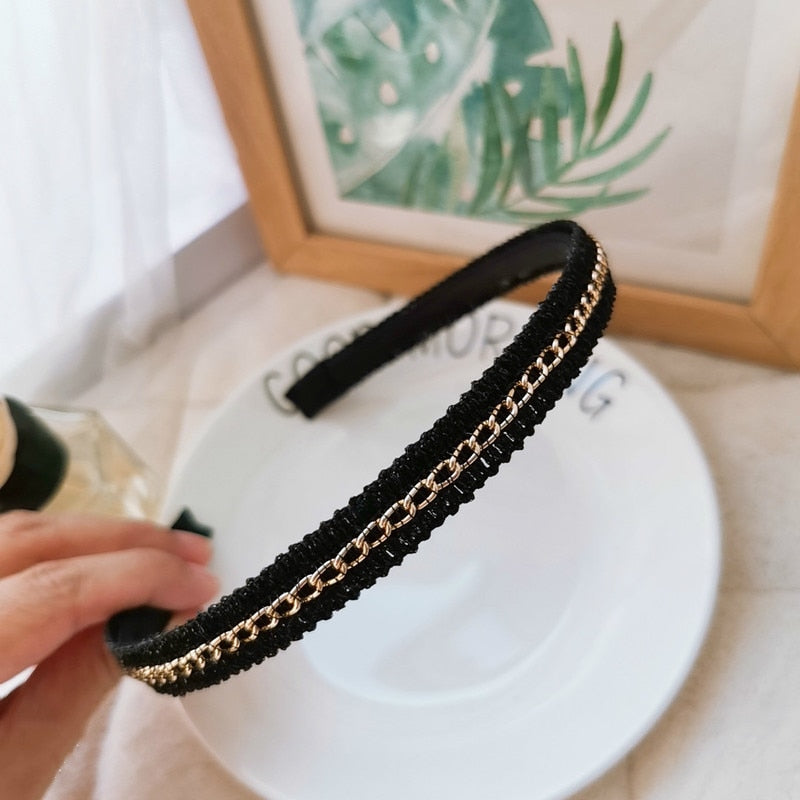 2021 New Korean Solid PU chain Bezel Headwear for Women Headband Girls Hair Bands Vintage Hairband Hoop for Hair Accessories