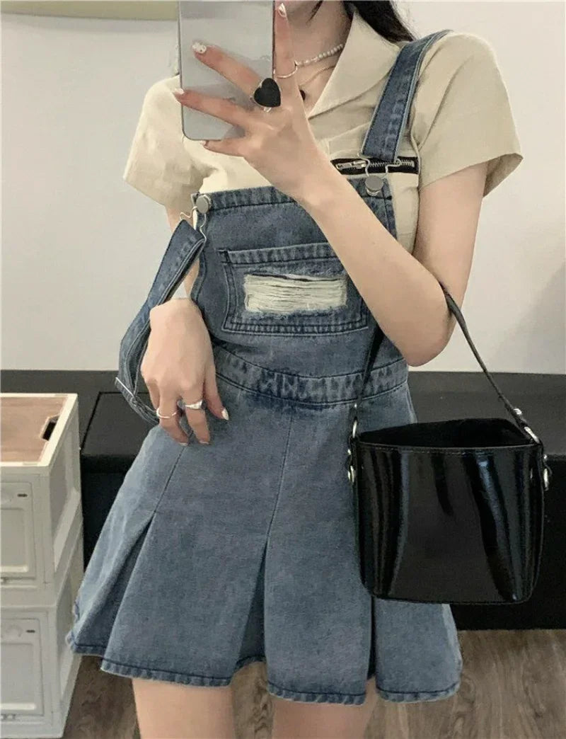 qgtao-Denim Overall Dresses Women Summer Vintage Blue Elegant Y2k Folds Camisole Pleated Dress Mini Fashion Hotsweet Korean Vestidos