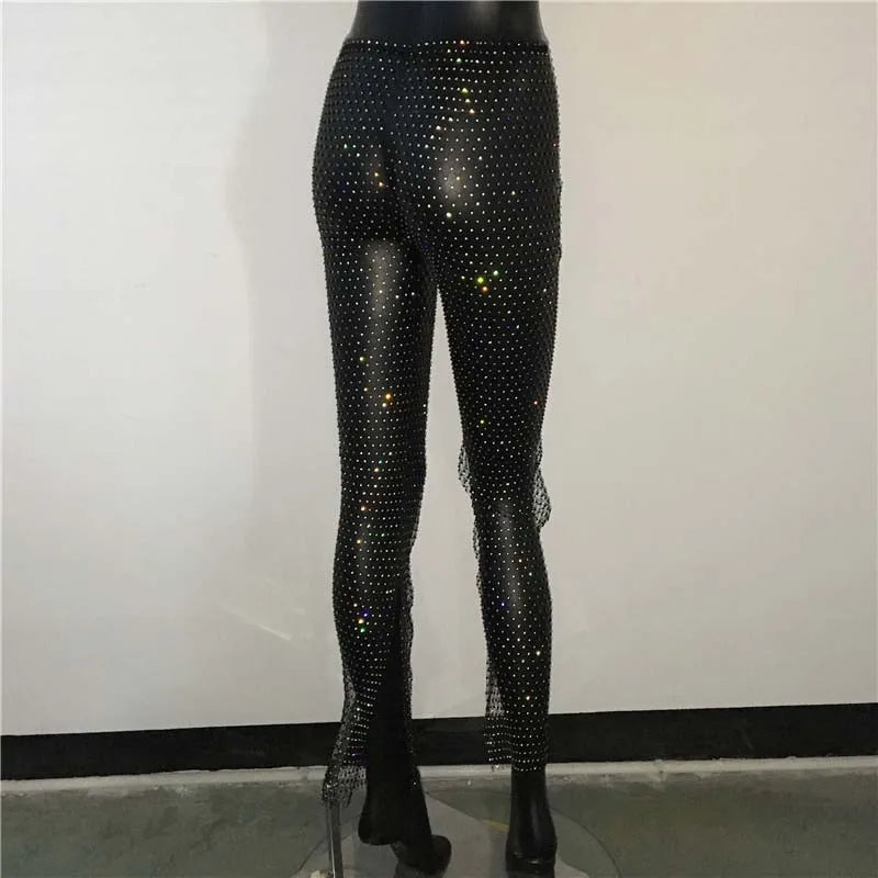 qgtao Crystal Diamond Shiny Women Pants Sexy Hollow Out See Through Fishnet Elastic Trousers Fashion Summer Beach Party Club Pant