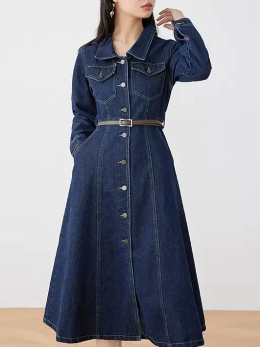 qgtao Autumn Winter Casual Women Lapel Single Breasted Denim Dress Vintage Lady Empire Slim A-line Midi Dress with Belt