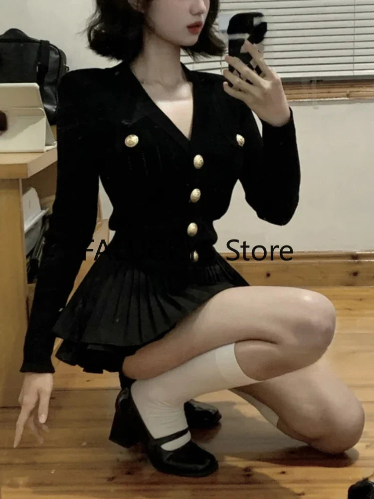 qgtao Elegant Dress 2 Piece Skirt Set Office Lady Casual French Knitted Top + Women Party Sexy Mini Skirt Korean Fashion Autumn 2024