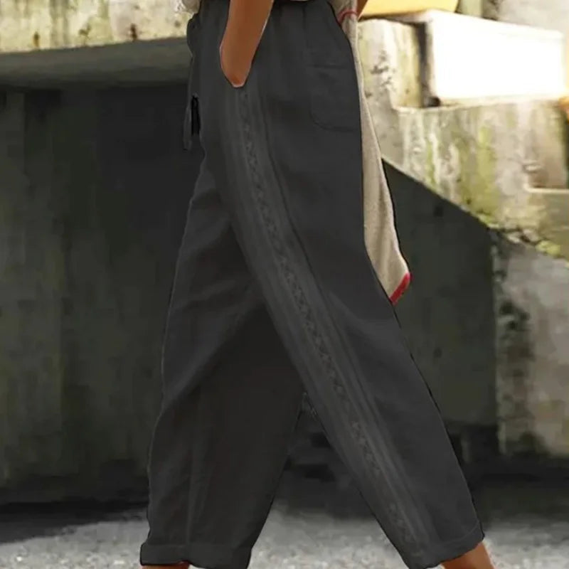 Women Fashion Embroidered Lace Straight Trousers Casual Drawstring Elastic Waist Pockets Pants Ladies Vintage Loose Long Pants