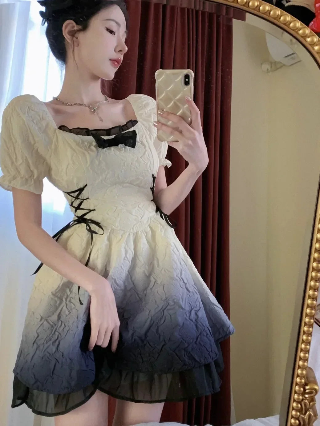 qgtao Bubble Sleeve Kawaii Lolita Mini Dress Women Pink Bow Princess Sweet Party Cute Dress A-Line Elegant Fairy Dress 2024 Spring New