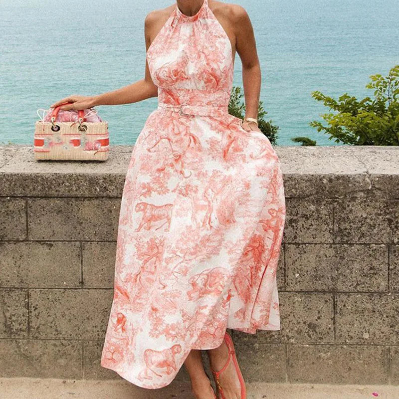 qgtao - 2024 Fashion Print Pocket Party Beach Dress Women Casual Sleeveless Belt Tie-up Long Dress Elegant Hanging Neck Bohemian Dresses