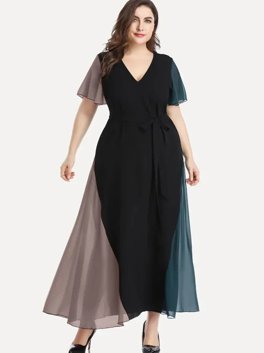 qgtao Plus Size V-neck Summer Elegant Chiffon Party Dress Women Short Sleeve Maxi Casual Dress Sash Waist Fit Flare Evening Dress 6XL