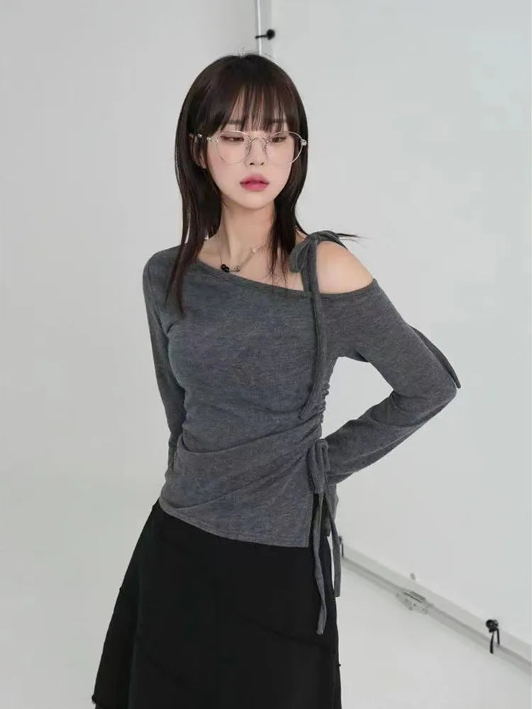 Vintage Y2K Off Shoulders Crop T -shirt Korean Women Long Sleeve Shirring Lace-up Top Blouse Aesthetic Harajuku Gothic Clothes