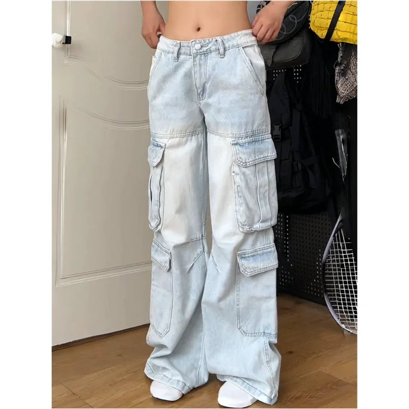 qgtao - Womens Jeans High Waist Baggy Vintage Multiple Pockets Straight Hip Hop Y2K Pants Streetwear American Wide Leg Denim Trouser