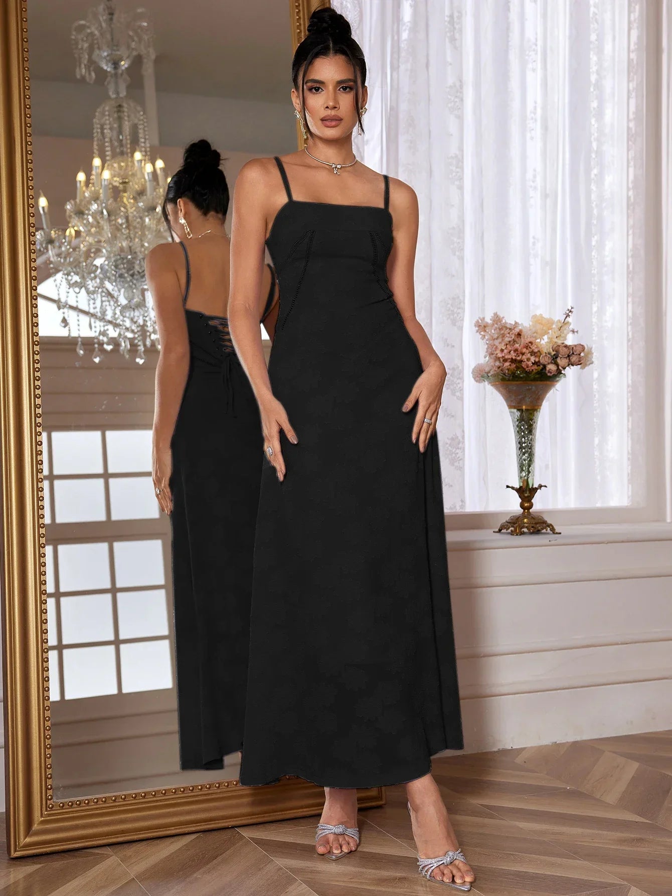 qgtao New Summer Elegant Maxi Dress 2024 New Arrival Purple Spaghetti Strap Wedding Guest Dress Lace Up Party Dresses