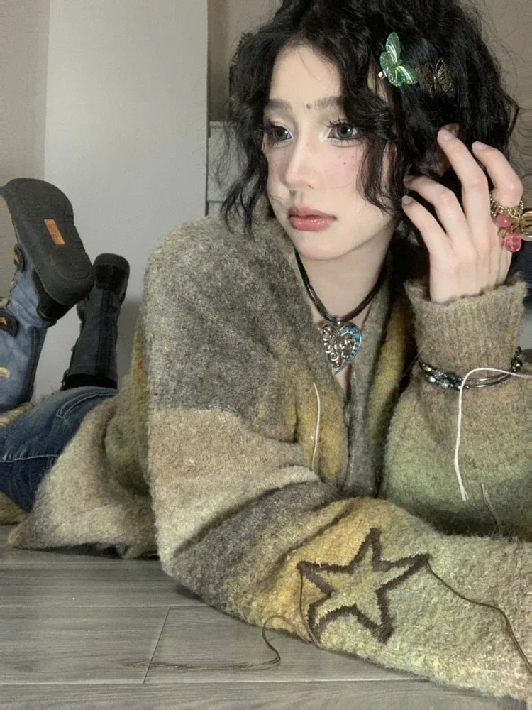 qgtao Vintage Star Knitted Cardigan Women Harajuku Autumn Winter Oversized Sweater Retro Embroidery Tops Fairycore Aesthetic