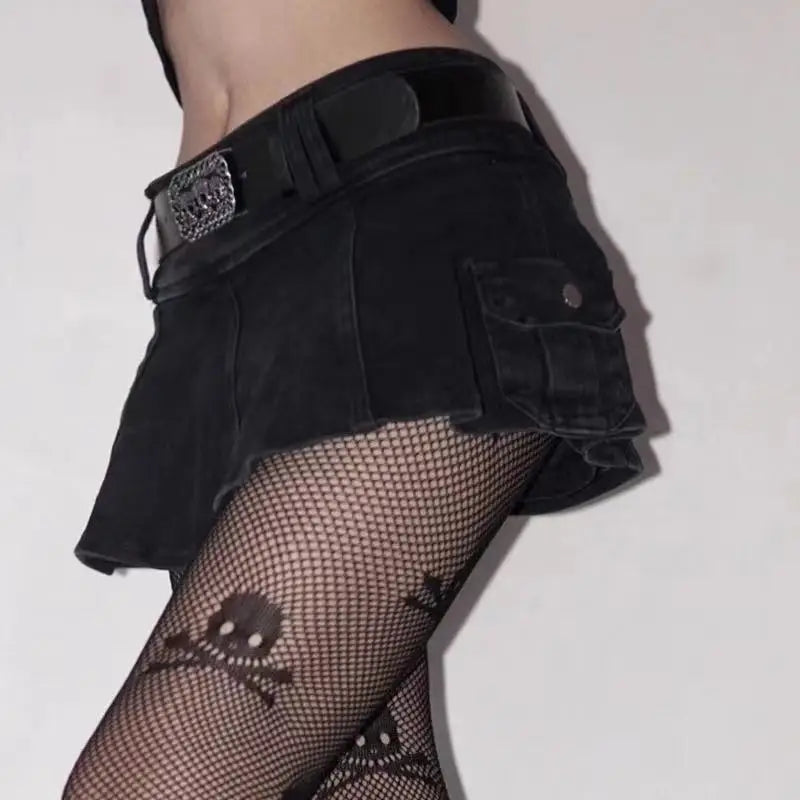 qgtao Ins Harajuku Low Waist Mini Pant Skirt with Belt Women Sexy Black Sashes Denim Skirts Female Punk Grunge Clubwear Mujer