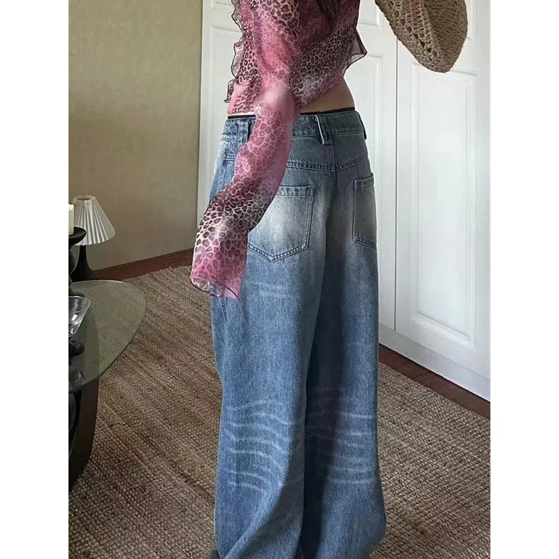 qgtao - Autumn Womens Blue Jeans High Waist Baggy Casual Vintage Y2K Design Sense Straight Pants Street American Wide Leg Denim Trouser