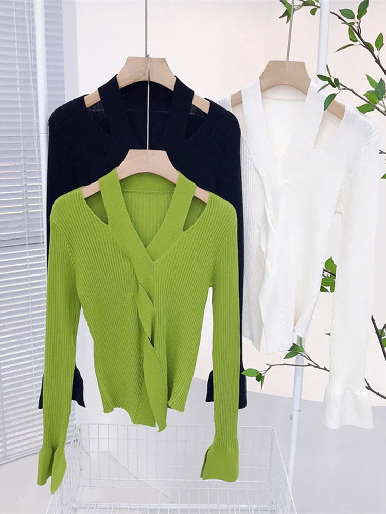 qgtao Women's Blouse Chic Hollow out Sexy knitted Pullovers for Autumn Female Korean Clothing Solid Full Sleeve Bottoming Shirt