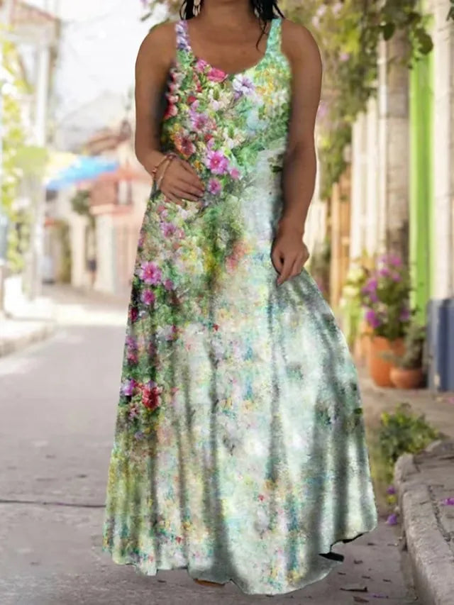 qgtao 2024 Loose Casual Plus Size Long Maxi Dress Beach Sun Dresses Women Sleeveless Summer Fashion Printed Boho Maxi Long Dress