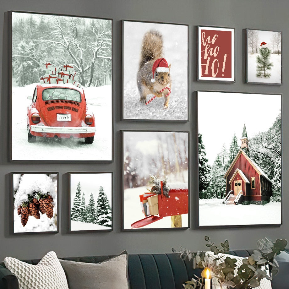 Christmas Gift Winter Red House Vintage Car Wall Art Canvas Painting Living Room Decoration Posters And Prints Wall Pictures