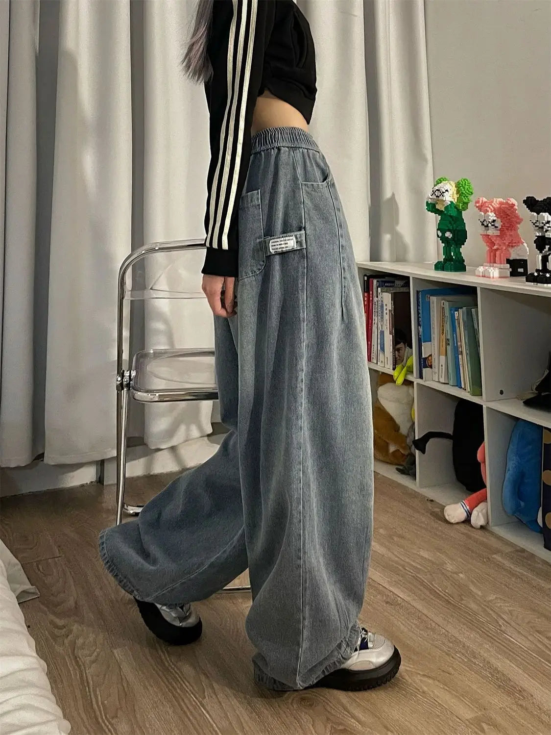 qgtao Women Vintage Baggy Jeans Y2K Elastic High Waist Oversize Street wear Trouser Denim Wide Leg Straight Basic Pants Spring