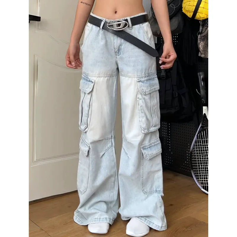 qgtao - Womens Jeans High Waist Baggy Vintage Multiple Pockets Straight Hip Hop Y2K Pants Streetwear American Wide Leg Denim Trouser