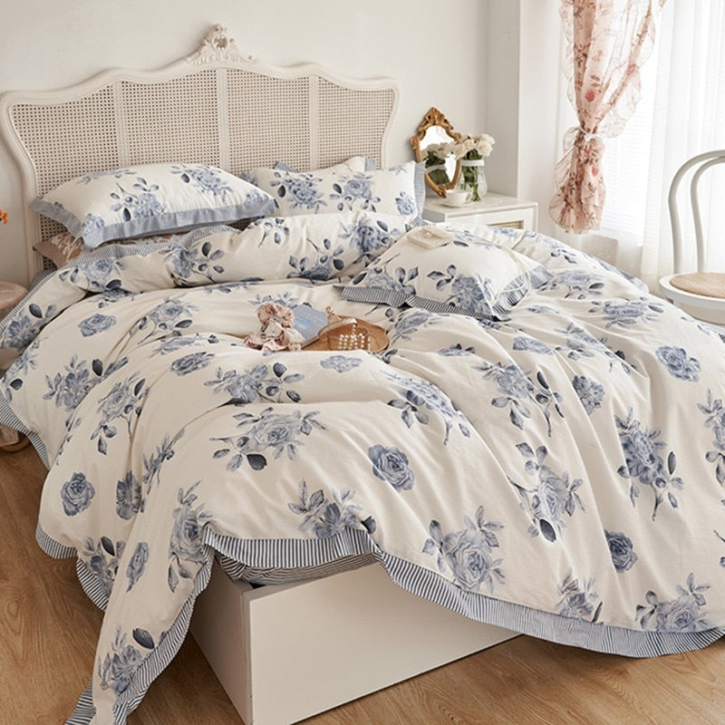 Yeknu Floral Blossom Print Duvet Cover Blue White Botanical 100%Cotton Comfy 4Pcs Double Queen King Bedding Set Bed sheet Pillowcases