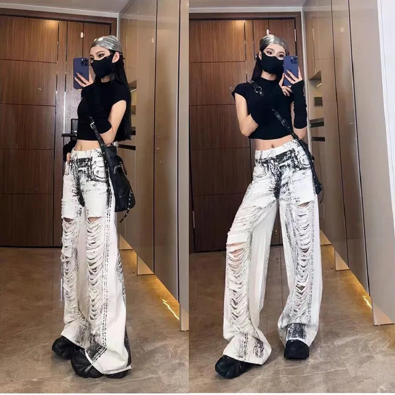 qgtao - Women Grey Ripped Jeans High Waist America Feeling Street Wide Leg Pants Y2K Vintage Ins Straight Baggy Plus Size Denim Trousers