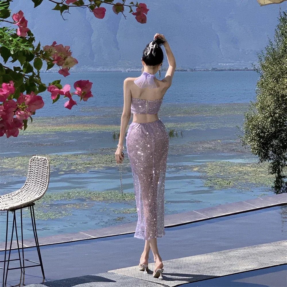 qgtao-2024 New Summer Purple Sequin Set for Women Sexy Split Half-body Dress Beach Holiday Casual Elegant 2 Pieces Female Clothing
