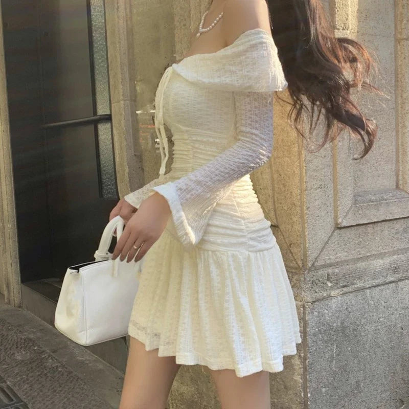 qgtao Autumn Elegant Y2K Short Dresses for Women Slash Neck Flare Sleeve Lace-up Halter A-line Slim Waist Korean Fashion Mini Vestidos