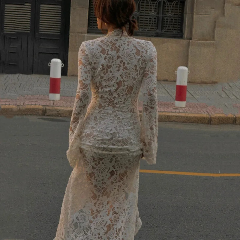 qgtao Sexy White Lace Printed Maxi Dress For Women See-Through Hollow Out Full Sleeve V Neck Slit Slim Long Dress Party Club Outfit