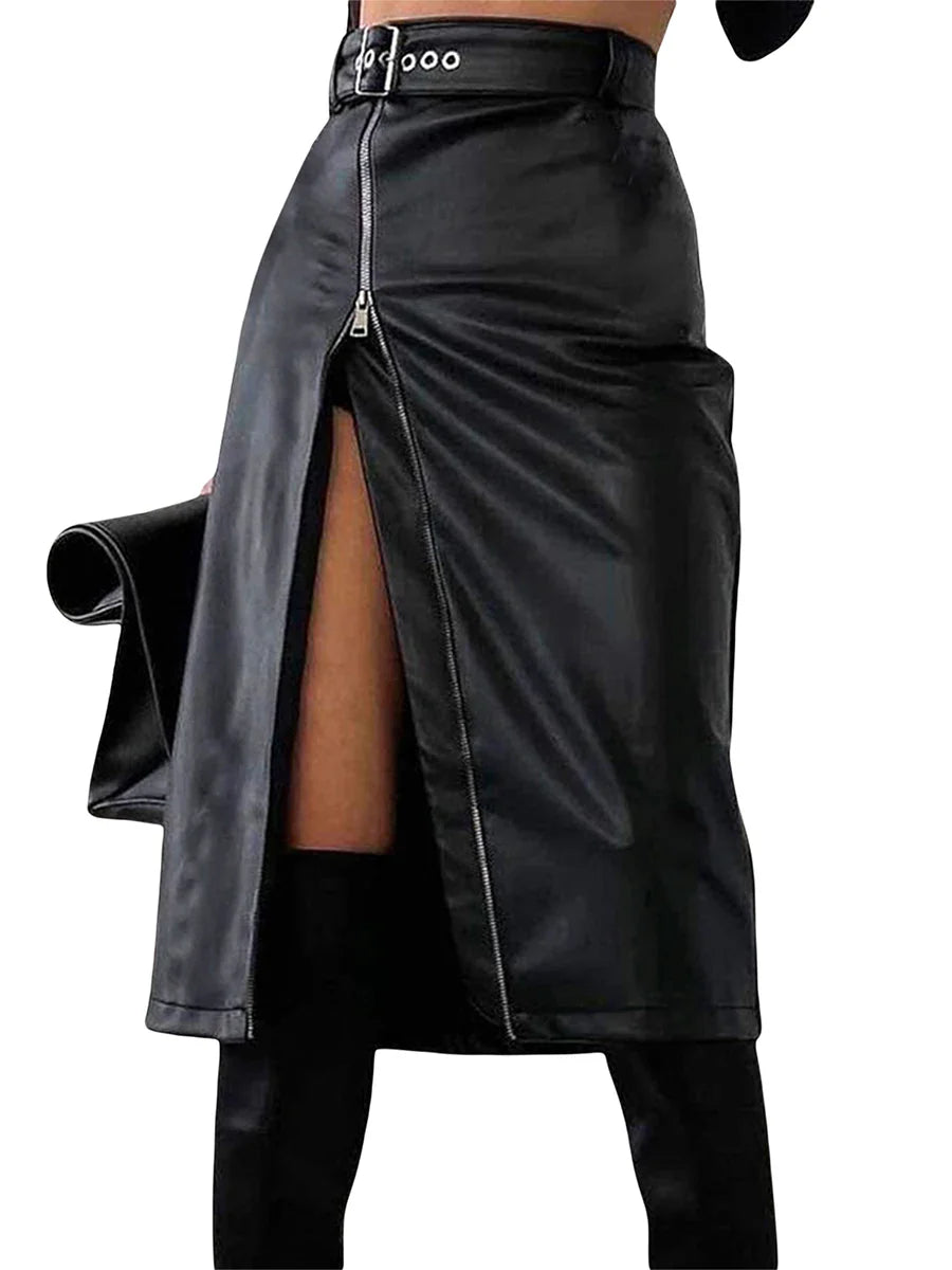 qgtao 2024 Autumn Winter Black Pencil Skirts Women Pu Leather Sexy High Waist Split With Belt Midi Skirt Bodycon Party