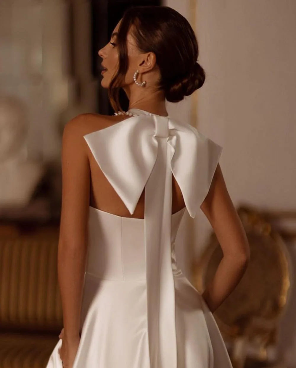 qgtao Modern Mermaid Wedding Dress Halter Neck Bow Sexy Side Split Boho Wedding Gown With Pocket Bride Dresses