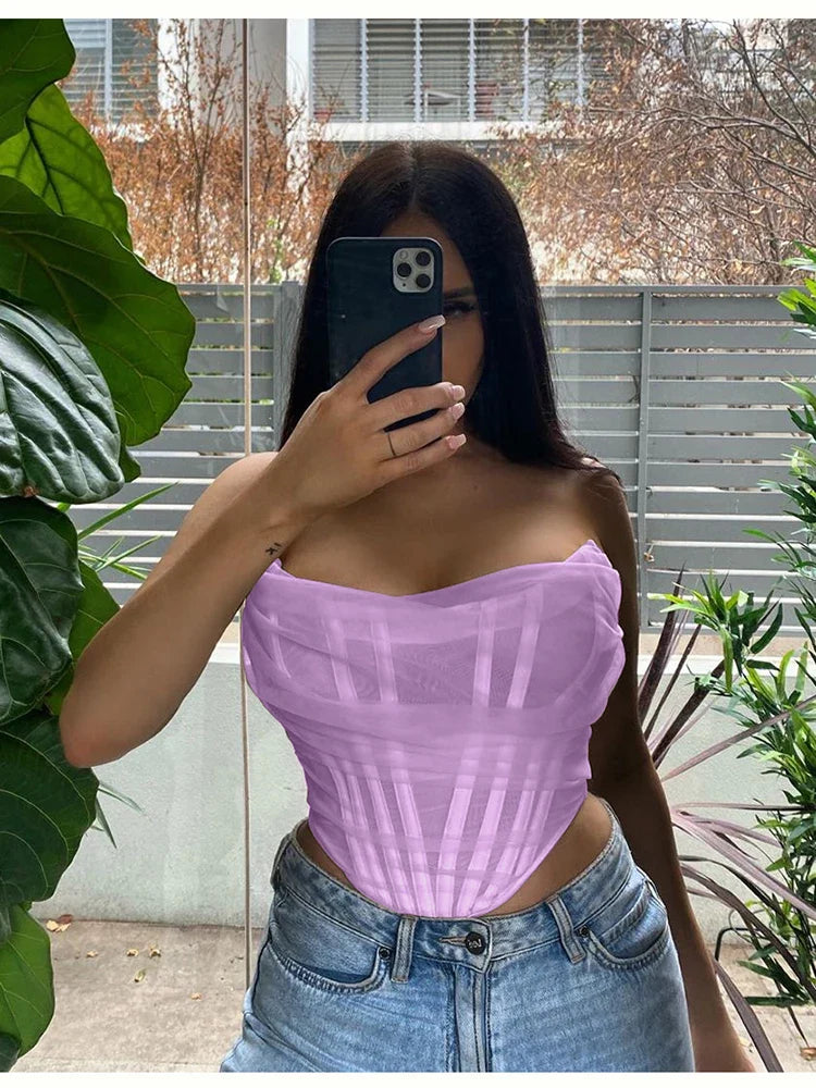 Colysmo Mesh Crop Top Women Summer Tops Sexy Party Club Wear Off Shoulder Corset Top Solid Color Casual Streetwear Tube Top
