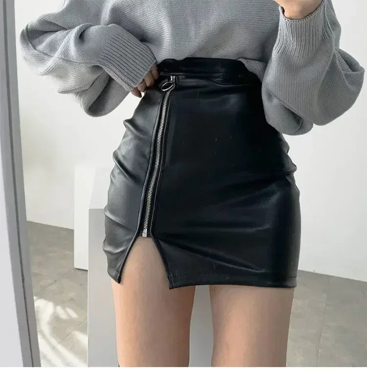 qgtao Black Mini Sexy Skirt Sexy High Waist Package Hip Pencil Skirt Women Korean Fashion Pu Faux Leather Split Zipper Short Skirts