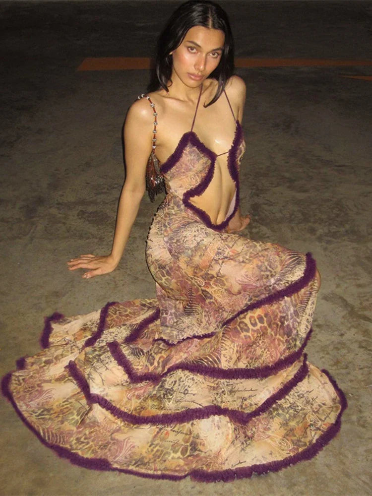Frilly Halter Backless Split Long Dresses for Women Y2k 2000s Aesthetic Print Maxi Dress Sexy Party Outfits