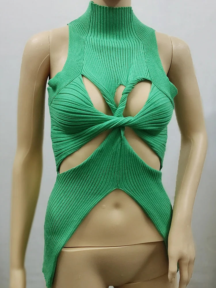 qgtao Sexy Crop Top Women T shirt Summer Cut Out Vest Round Collar Sleeveless Solid Knitting Tank Tops Hollow Out Street wear