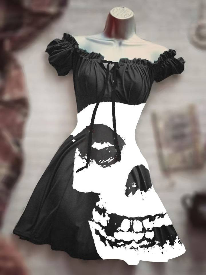 Horror Halloween Skull Costume puff sleeve Skirt Hawaiian Bohemian Short Sleeve Drawstring leisure Dress Skull Night Costume