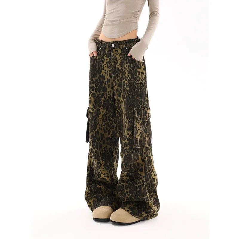 qgtao - American Vintage High Waist Trashy Jeans 2024 Autumn Women Casual Baggy Leopard Print Pants Wide Leg Grunge Street Denim Trouser